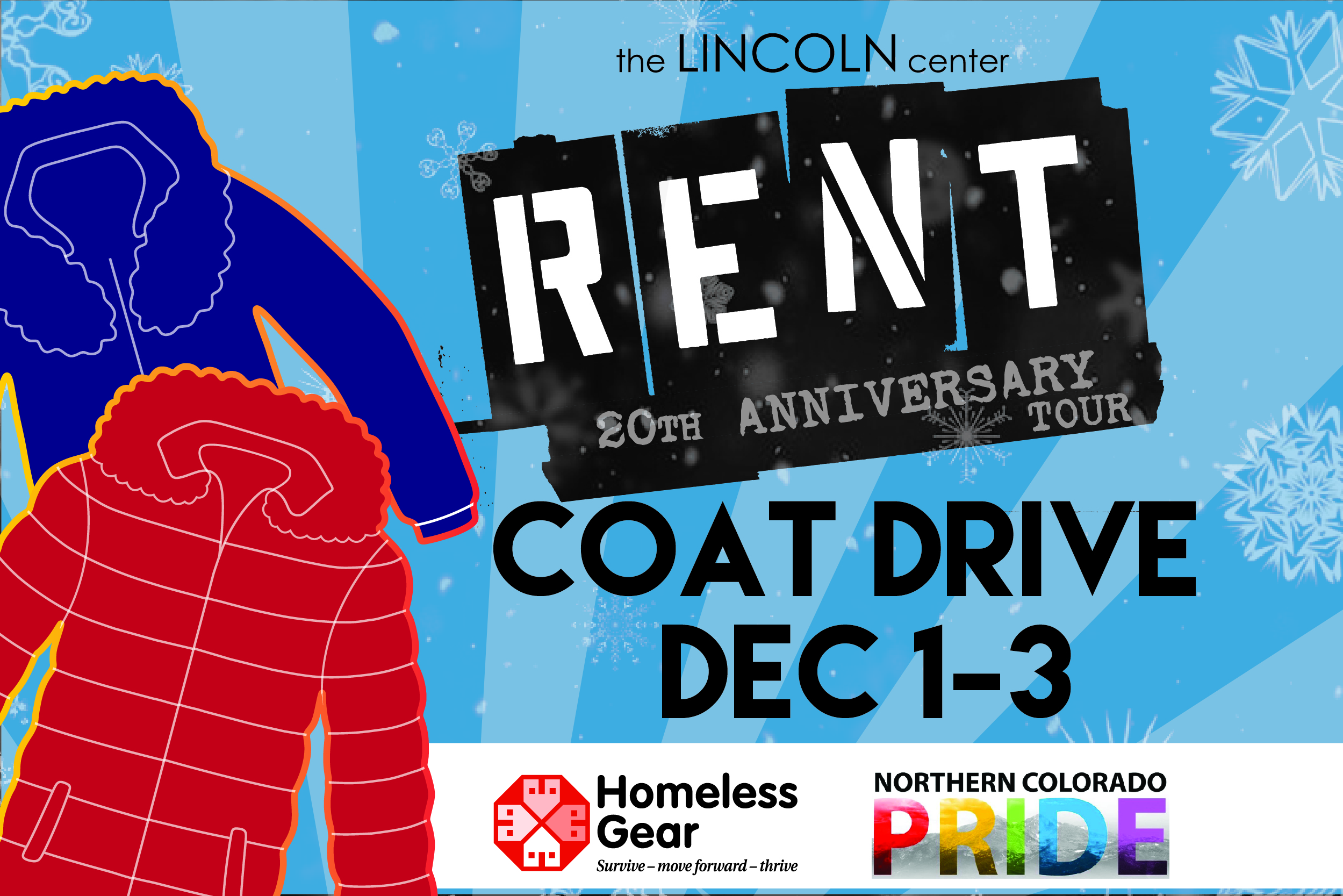 Coat Drive graphic for Rent including the logos for Homeless Gear and Northern Colorado Pride.