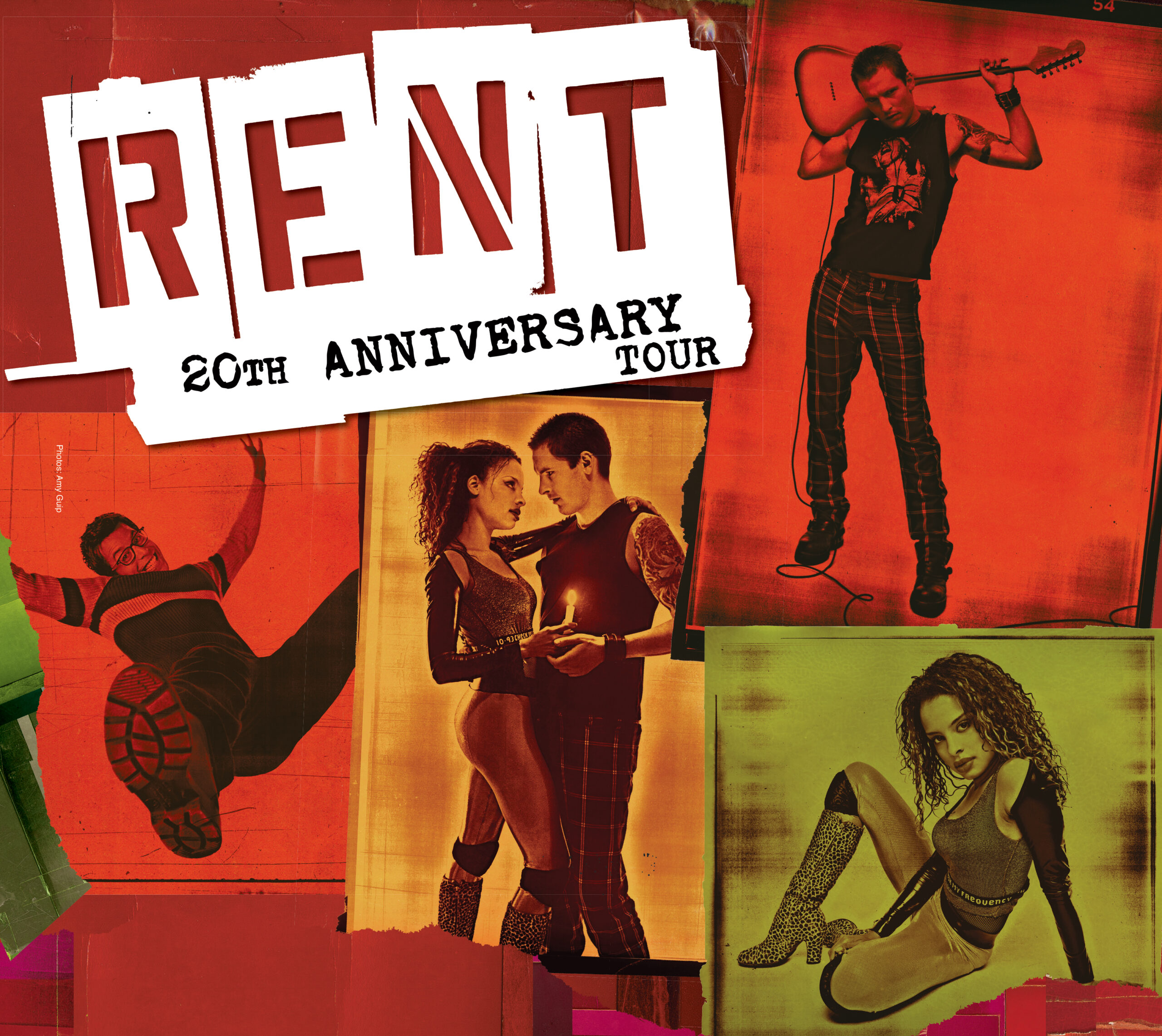 Rent 20th Anniversary Tour graphic featuring Mark, Mimi, and Roger.