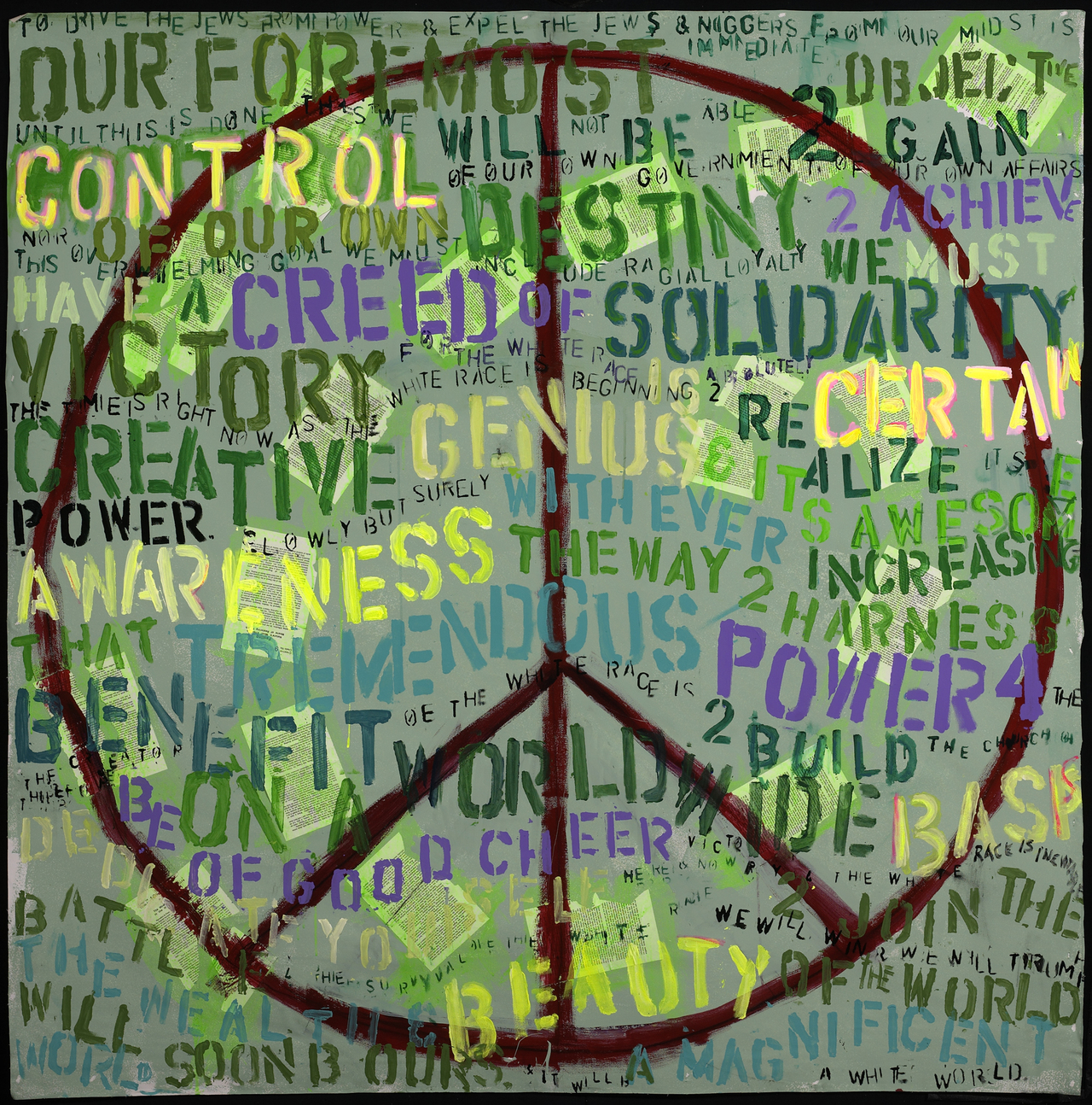 Painting is a brown peace sign on a green background with words like "awareness, tremendous, power5 and destiny" written across it with stencils.