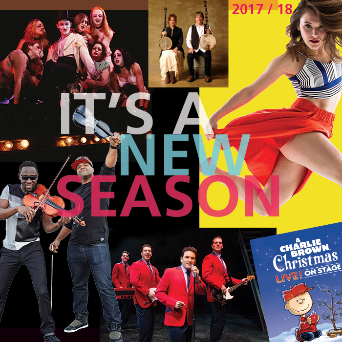Photo collage of The Lincoln Center 2017/18 season, featuring Cabaret, Black Violin, and Jersey Boys. It reads "It's a new season."