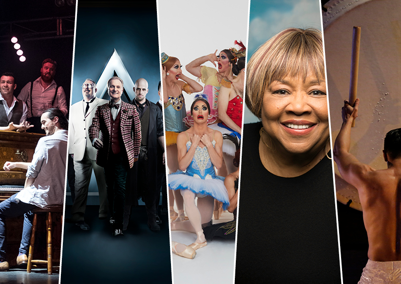 Photo collage of The Choir of Man, The Illusionists, The Ballet Trockaderos, Mavis Staples, and Koda