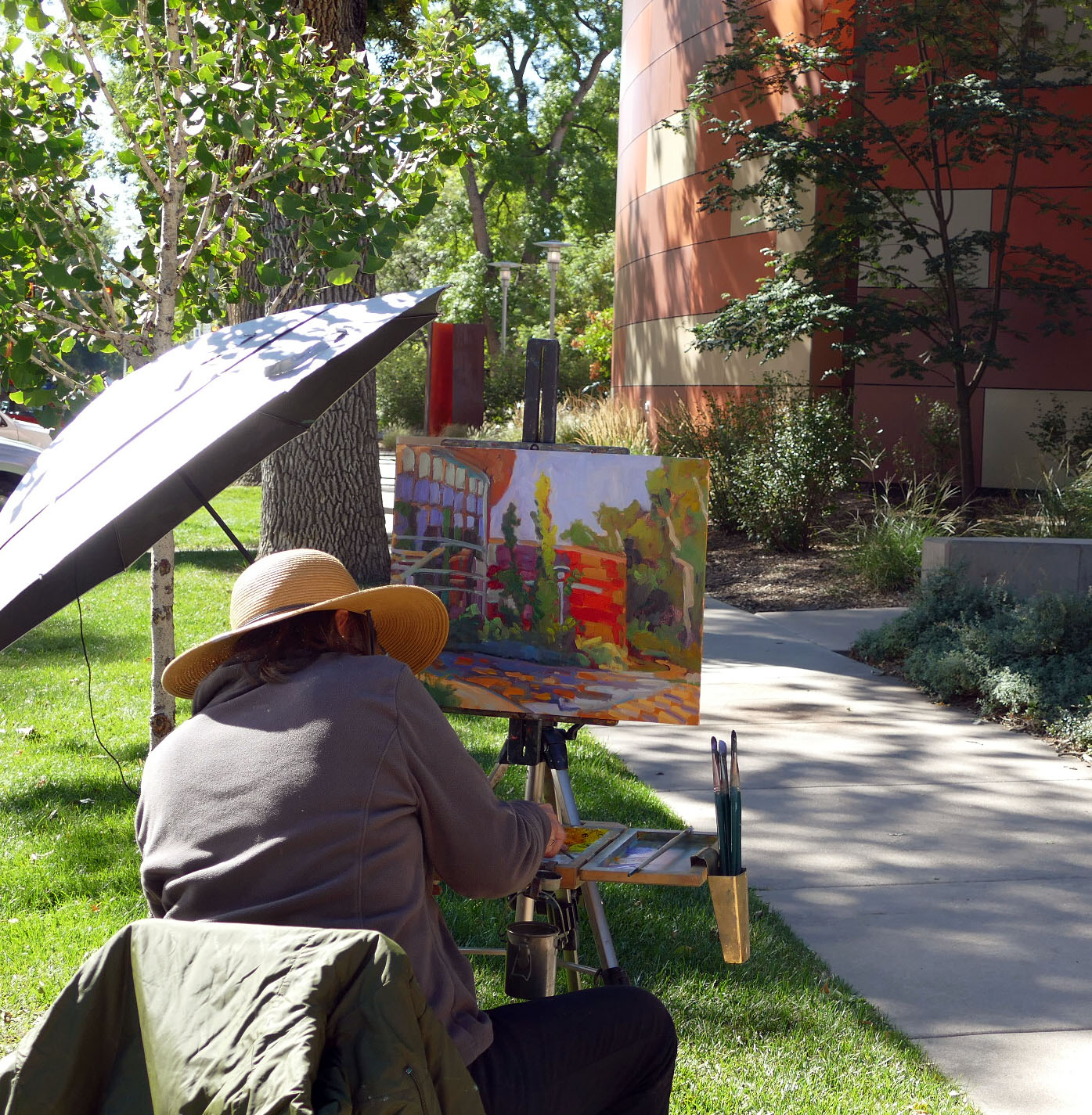 Plein Air painters at The Lincoln Center painting the building.