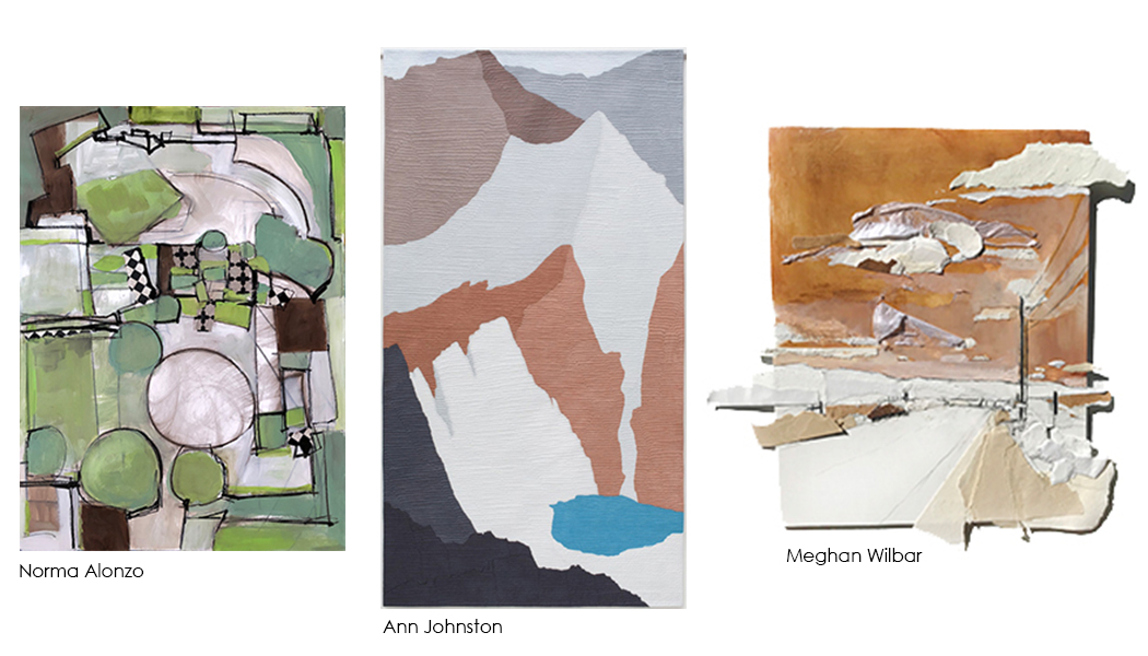 Art pieces of Norma Alonzo, Ann Johnston, and Meghan Wilbar.