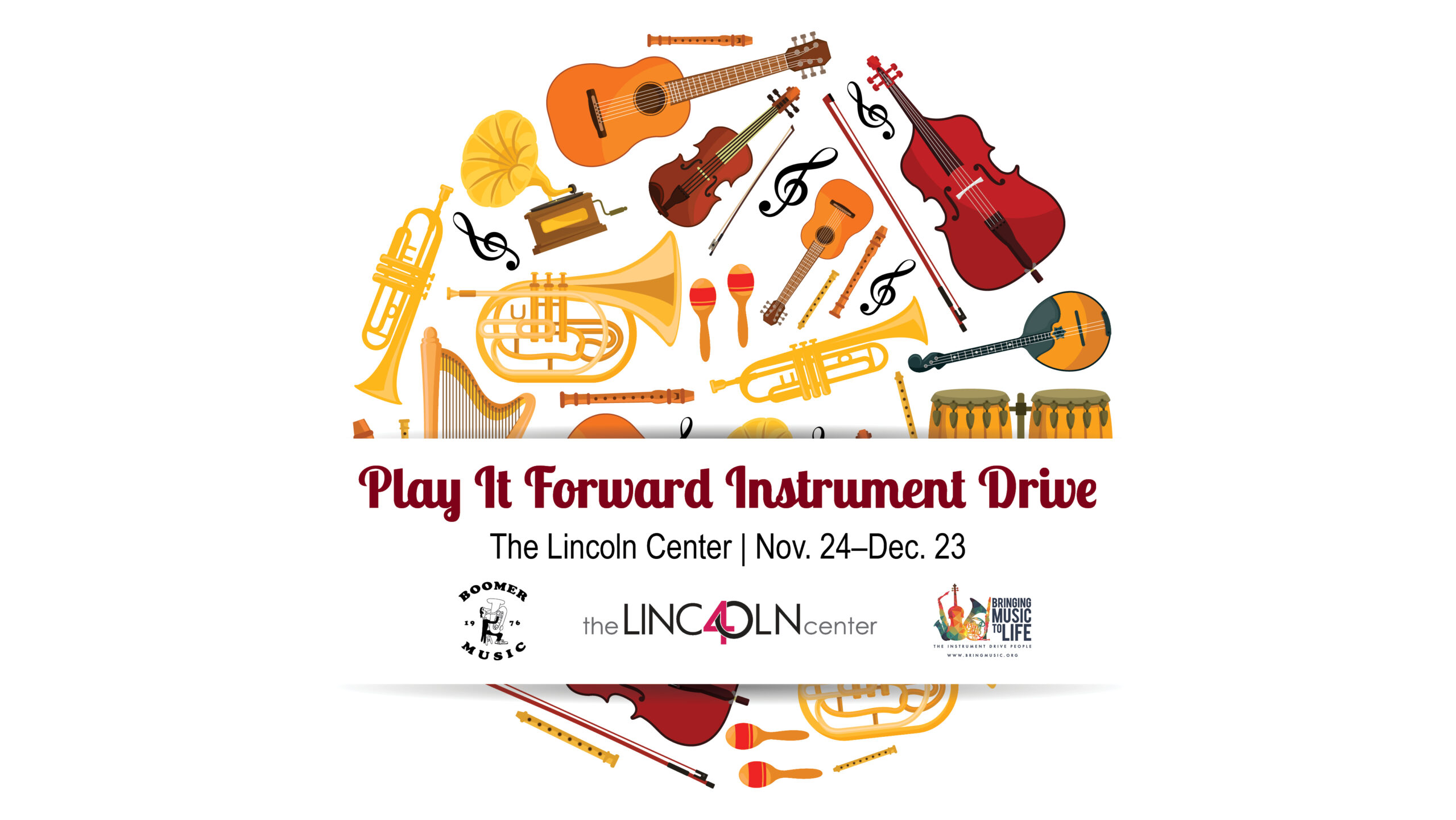 Circle of vector graphics of instruments reading "Play It Forward Instrument Drive."