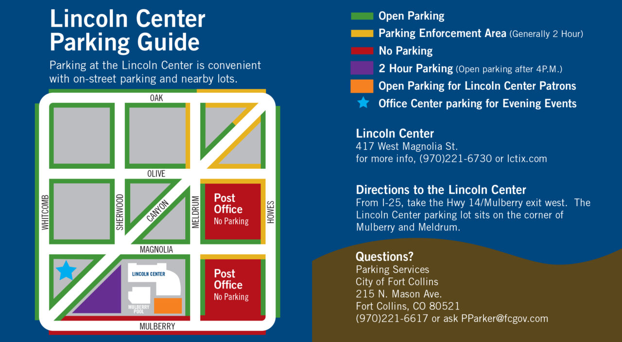 A guide to parking at The Lincoln Center. Open parking is available along most of Canyon, Oak, Olive, Sherwood, Whitcomb, Magnolia and Howes. No parking is allowed at the Post Office Parking lots located on both sides of Magnolia between Howes and Meldrum.