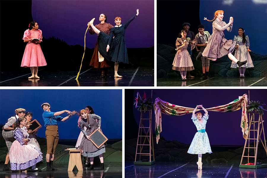 A collage of photos of Anne dancing in different famous scenes, like when her pigtails were pulled .