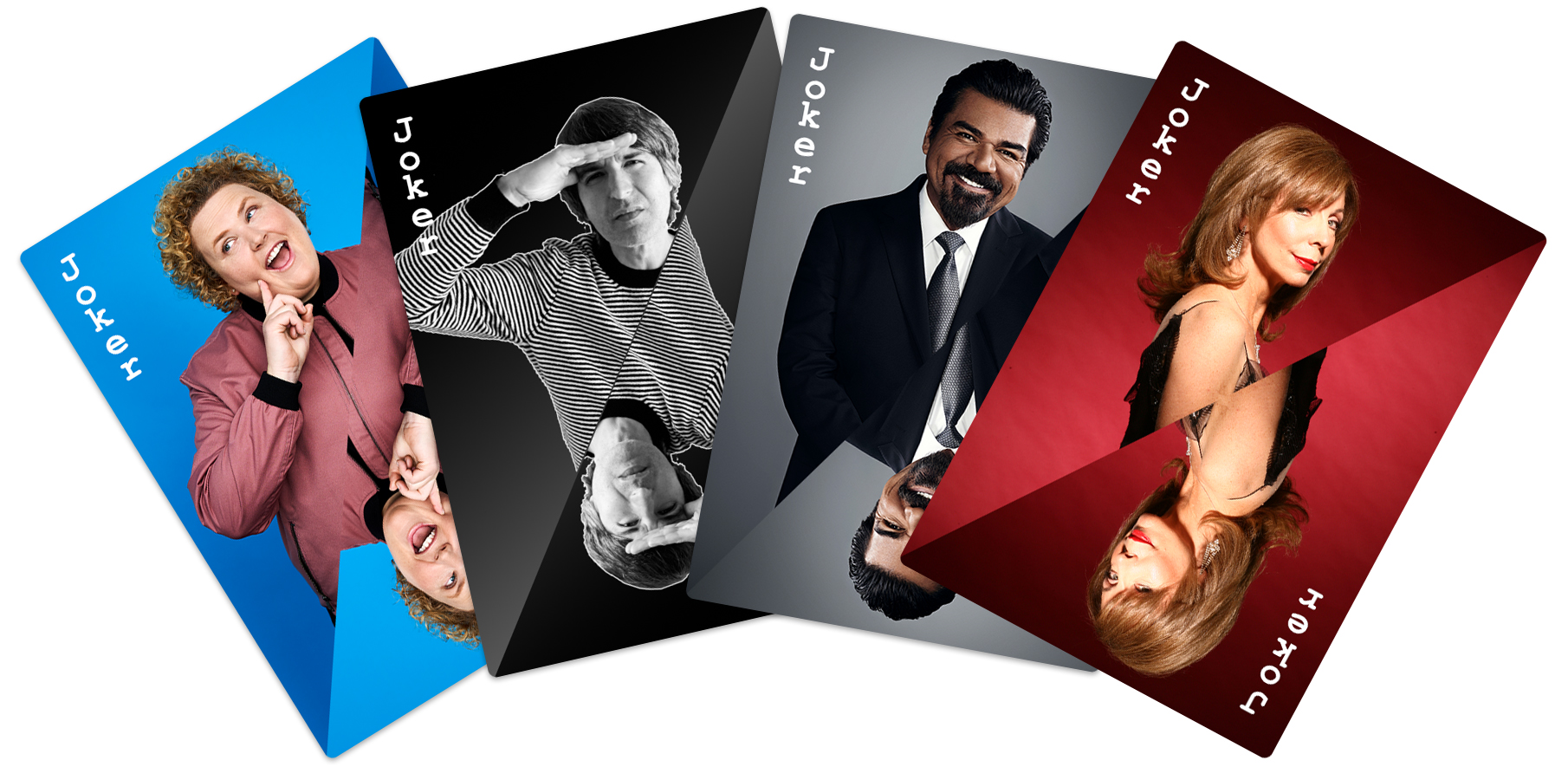 Fortune Feimster, Dmitri Martin, George Lopez and Rita Rudner depicted as Joker playing cards.