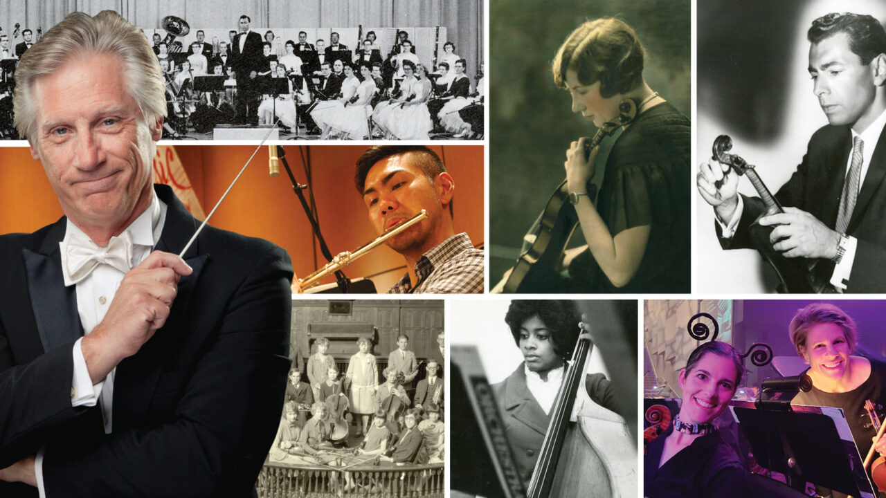 A collage of people playing instruments with a cutout of conductor Wes Kenney at the forefront holding a baton.