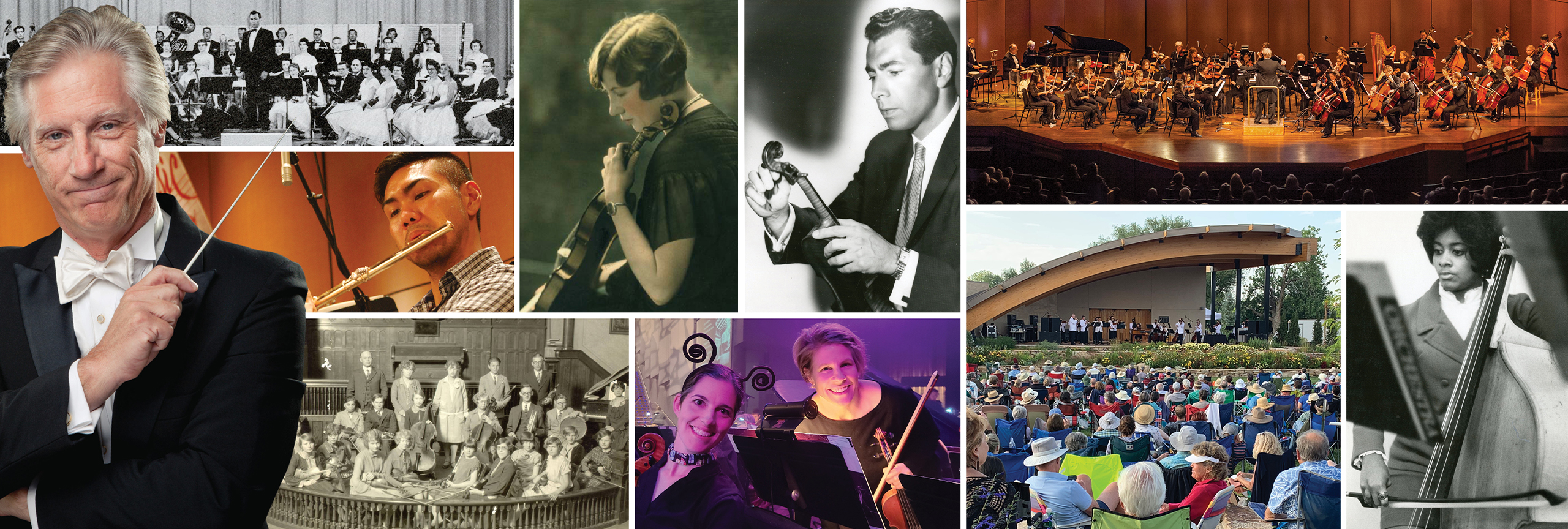 A collage of people playing instruments with a cutout of conductor Wes Kenney at the forefront holding a baton.