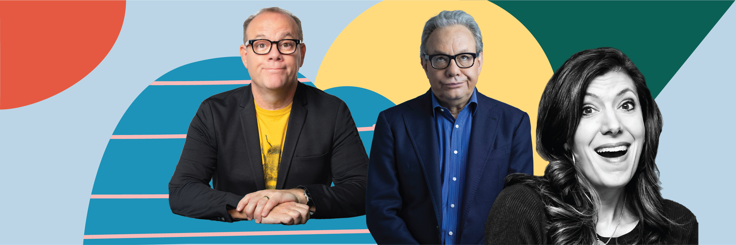 A colorful collage with Tom Papa, Lewis Black and Dena Blizzard.