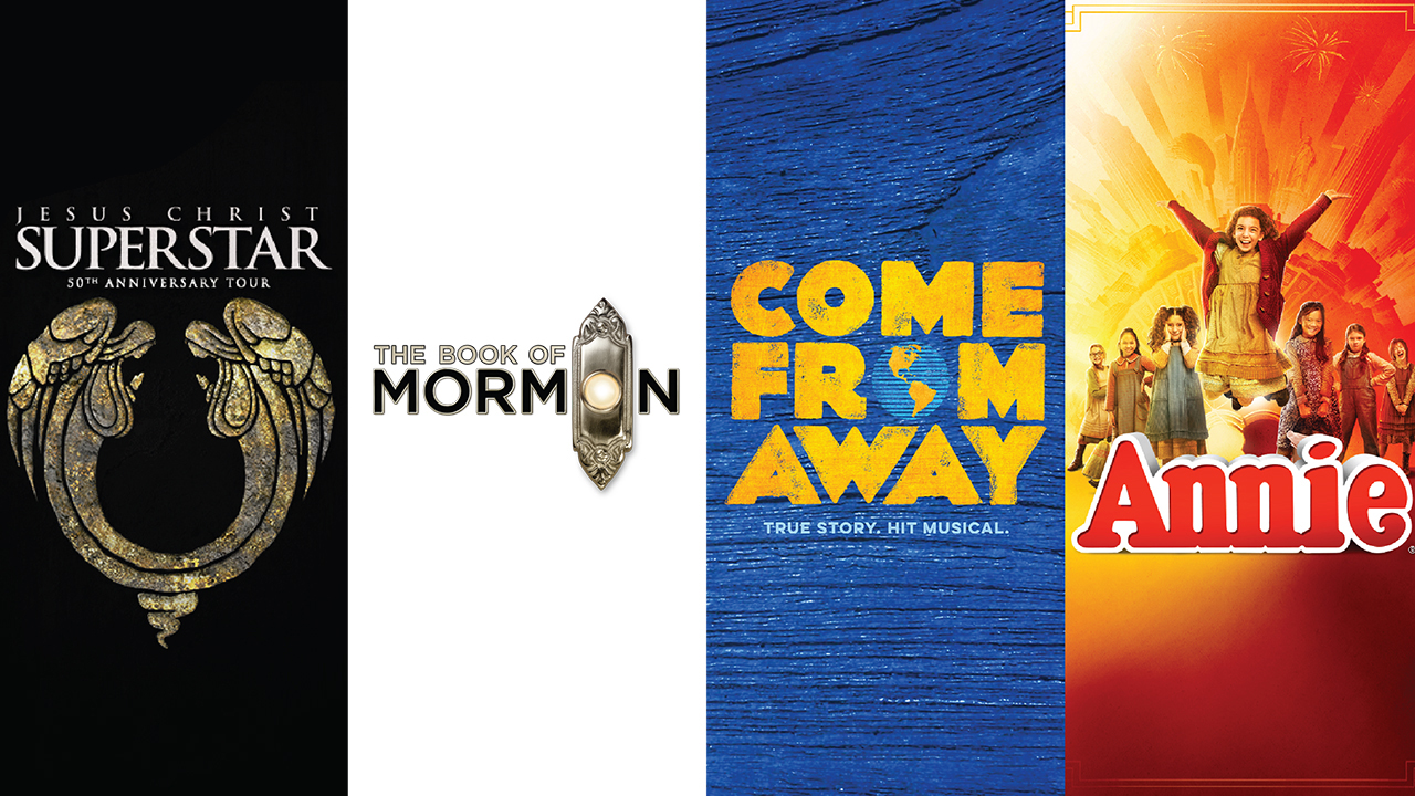 Collage of Showstopper shows playing at The Lincoln Center. From Left to Right: Jesus Christ Superstar logo, The Book of Mormon logo, Come from Away logo and Annie logo.