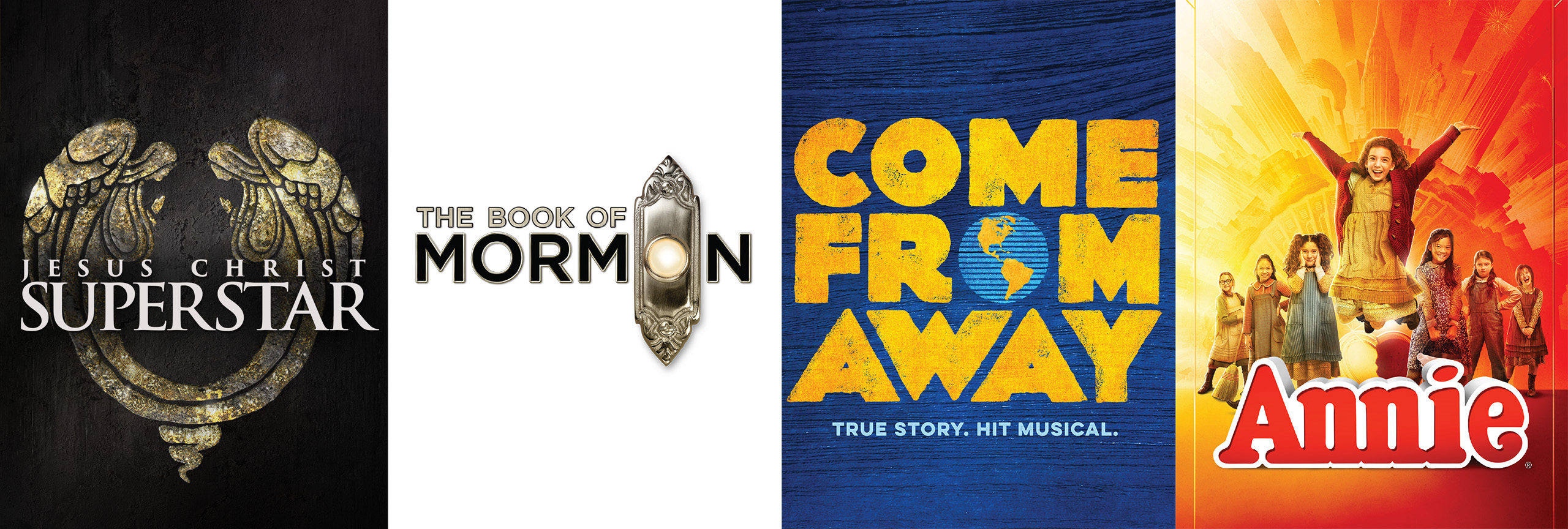 Collage of Showstopper shows playing at The Lincoln Center. From Left to Right: Jesus Christ Superstar logo, The Book of Mormon logo, Come from Away logo and Annie logo.