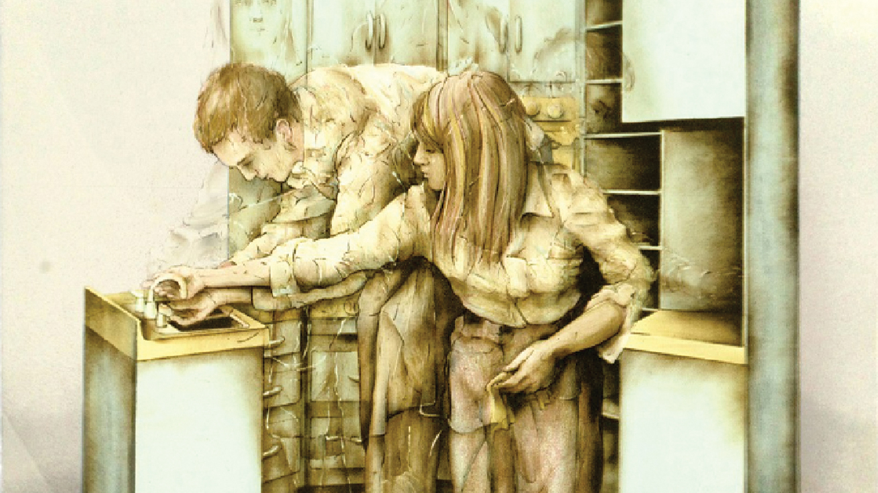 A painting of two people in a kitchen.