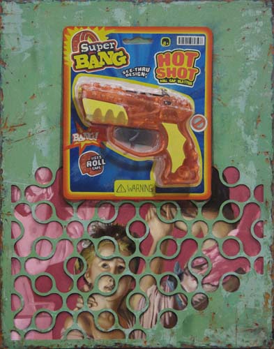 Jason Bly — Perforator. a painting of a ray-gun toy with a green background and apparent holes underneath that show a woman and child with a pink background 