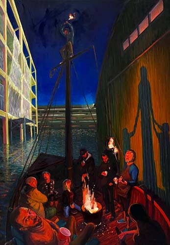 Painting of a group of people on a boat lit by a fire from below.
