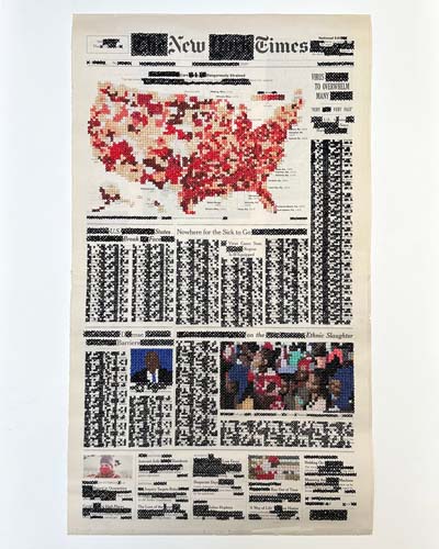 Heather Schulte — A Plague on Both Houses. Cross stitch on newspaper showing COVID-19 heat map