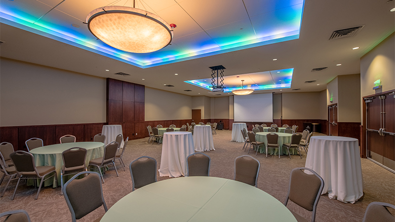 Tables set in Columbine Room for a special event.