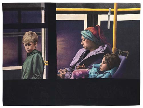figurative quilt showing a woman and two children on public trasport