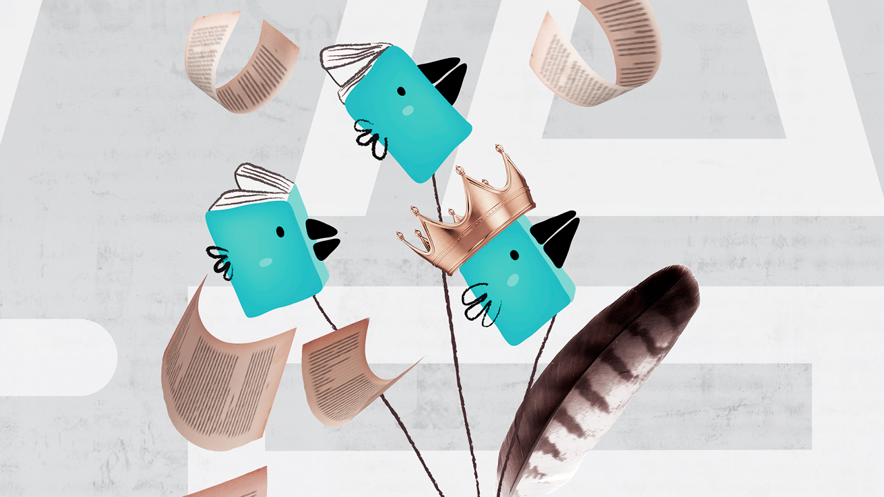 Flying books. Crown. Flying book pages. Feather.