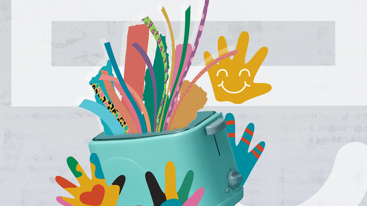 Toaster with imagination galore. Kids painted hands.