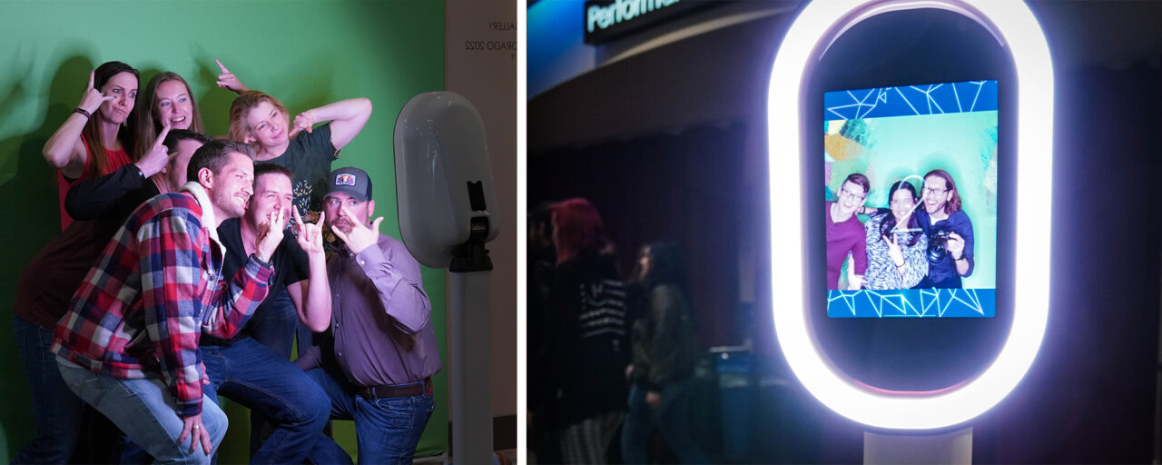 A collage of two photos. Left: A group of peope smiling in front of a green screen. Right: A family on the photobooth screen smiling.