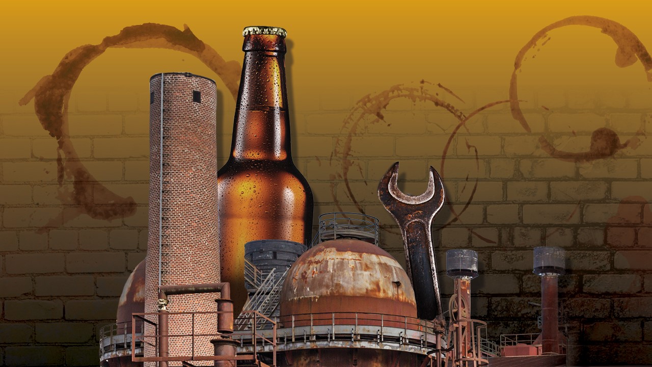 Beer bottle, old factory, wrench, brick wall, cup stains