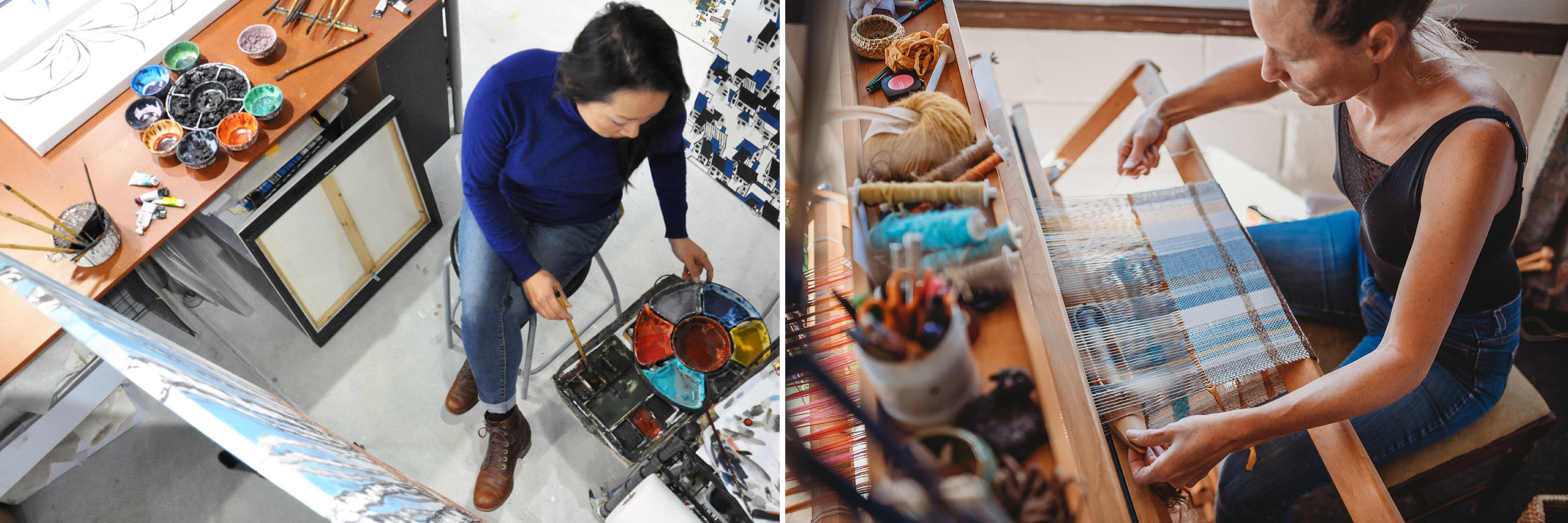 A split image of a female artist working with paint on left side of image and a woman weaving on the right.