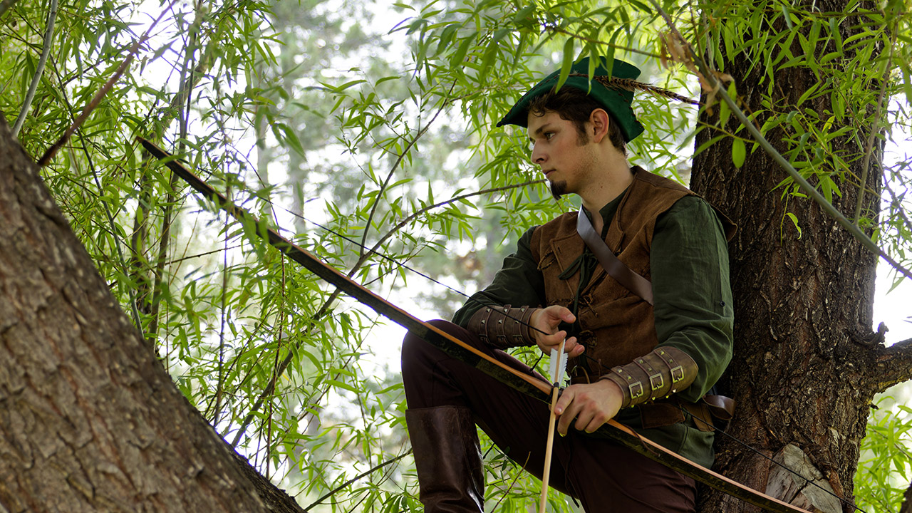 Man dressed as Robin Hood with bow and arrow sits in tree.