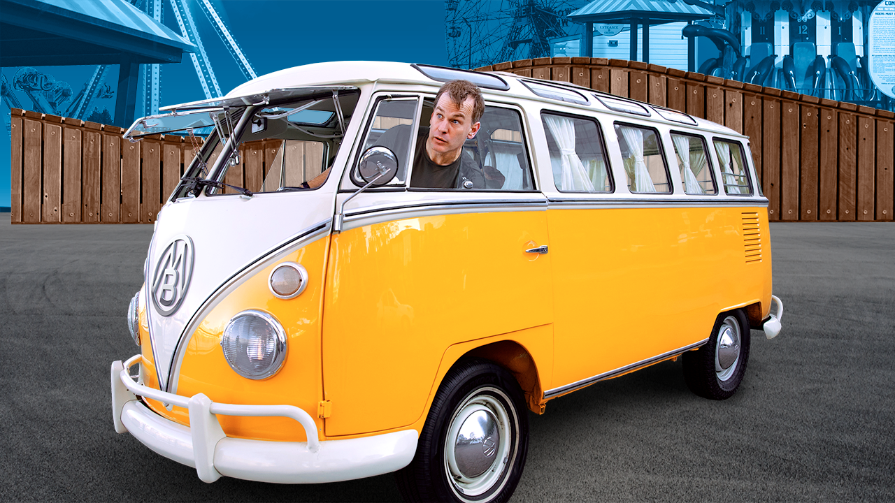 Mike Birbiglia in a VW van.