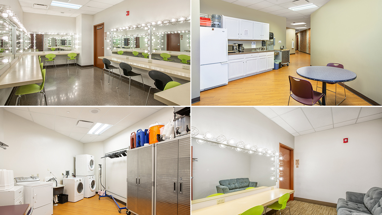 Collage of Performance Hall changing rooms and amenities such as washing machines and kitchenettes.