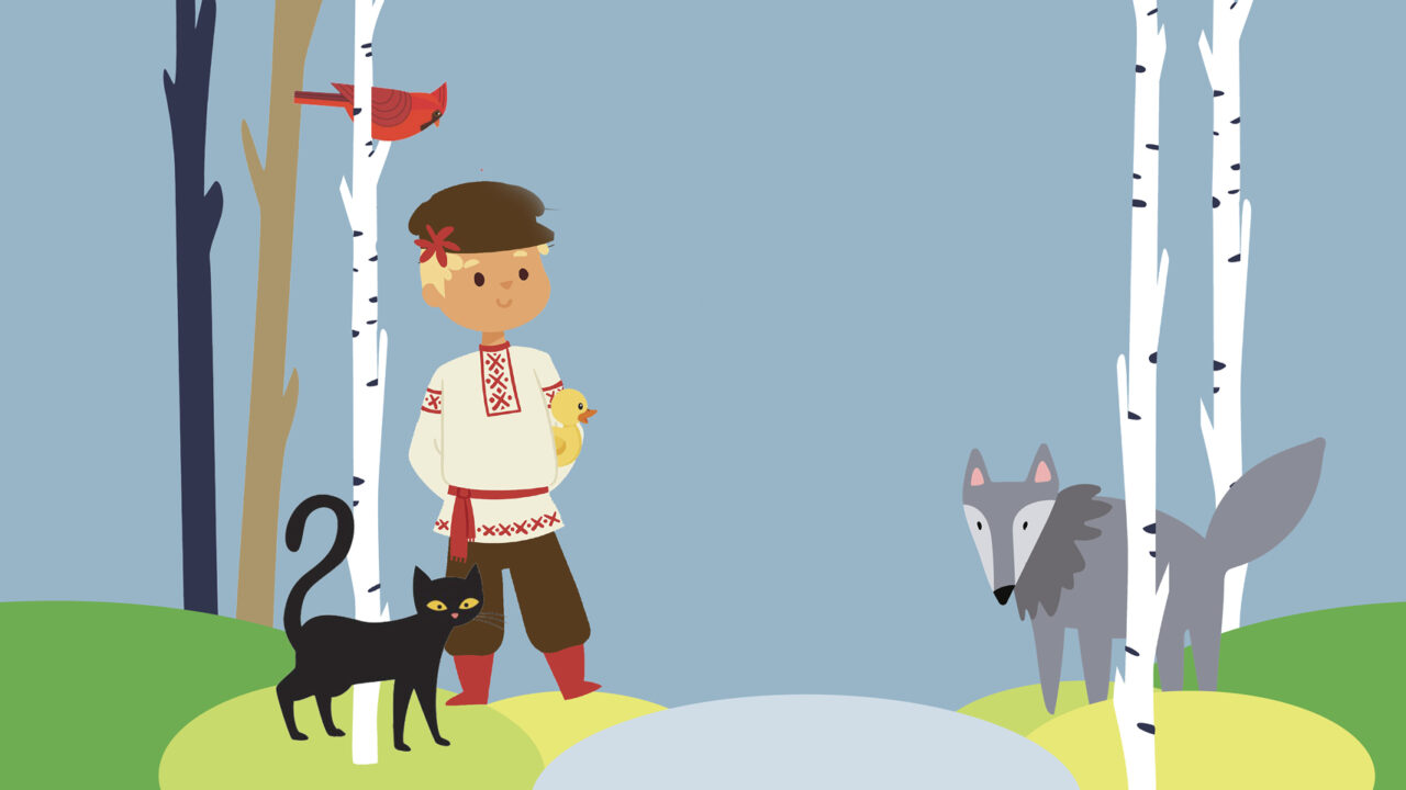A cartoon boy stands in a forest, holding a duck. A bird, cat and wolf are in the nearby aspen trees.