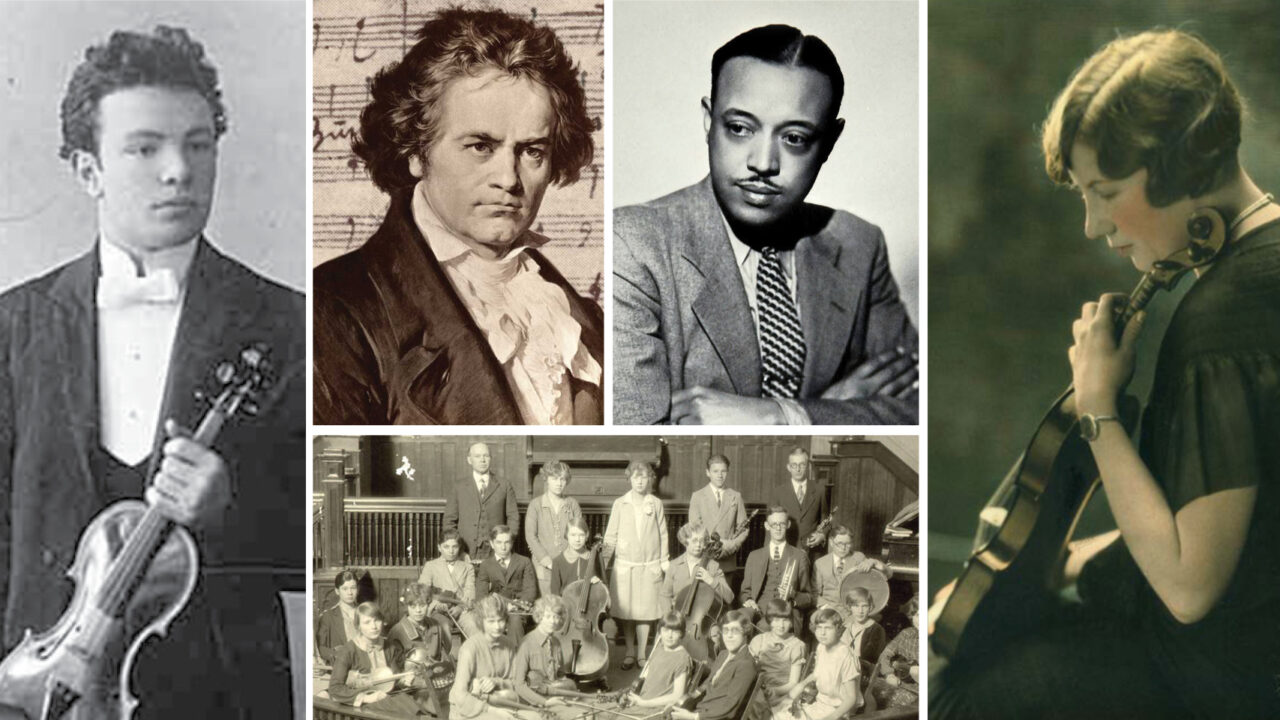 Clockwise from top to left: Beethoven, Still, Respighi, Editha Todd Leonard, early performance of the FC  Concert Orchestra at the Methodist-Episcopal Church.