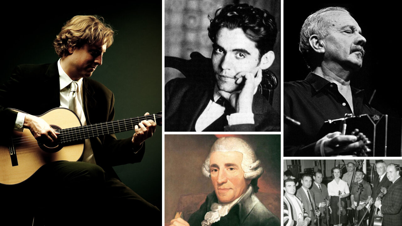 Clockwise from top to left: Rodrigo, Guest Artist Jason Vieaux playing guitar, Haydn, Fort Collins Civic Symphony Orchestra musicians in 1964, Piazzolla.