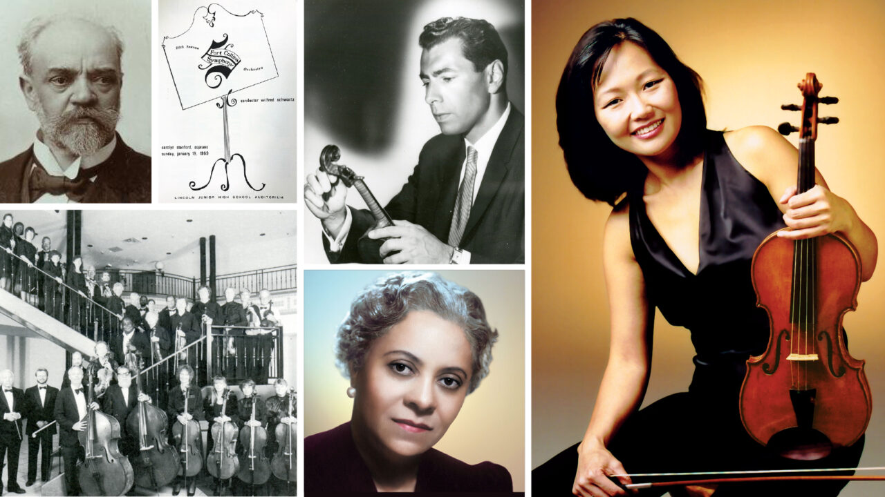 Clockwise from top left: Price, Guest Artist Yumi Hwange-Williams holding violin, FCS musicians in the Northern Hotel, Maestro Will Schwartz, 1969 FCS logo, Dvorak.