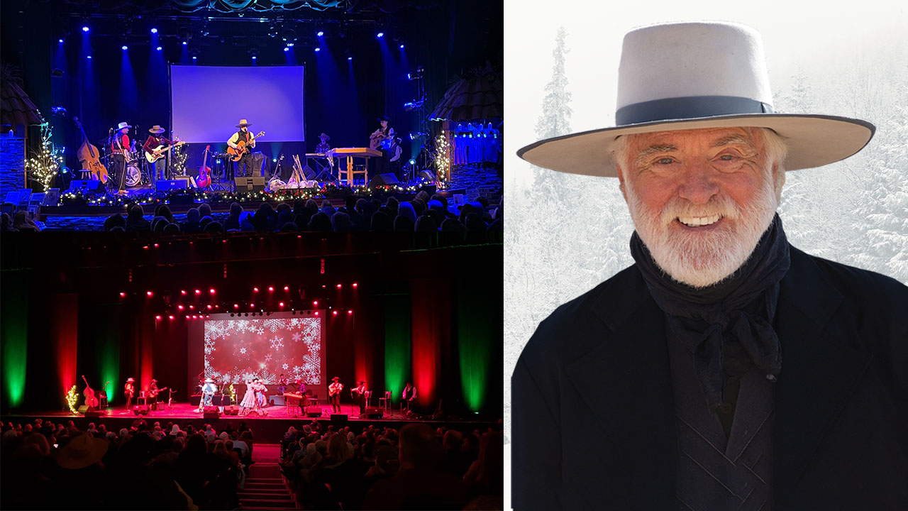 From top left to right: band on stage blue lights, band on stage with snowflake background, man in wide-brimmed hat with a snowy forest background