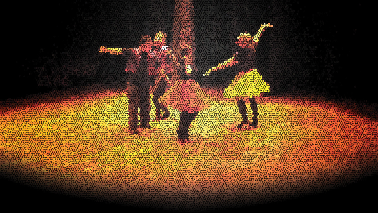 Dancers in spotlight circling one another with arms toward center, photo is digitized to make it look like a mosaic.