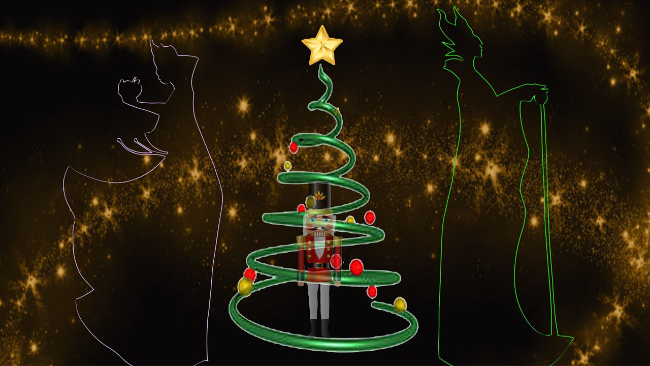 Twinkle lights with a Christmas tree surrounding Nutcracker, neon outline of villains on either side of tree.