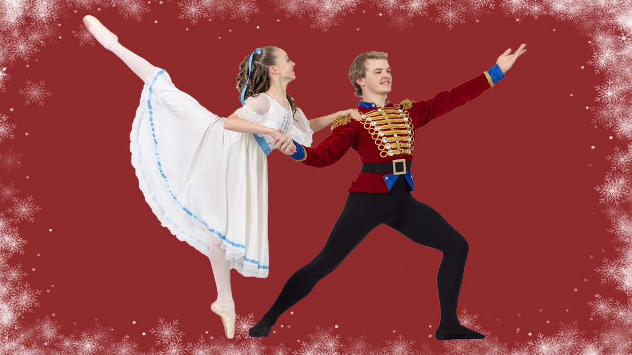 Ballet dancers posing in holiday outfits.