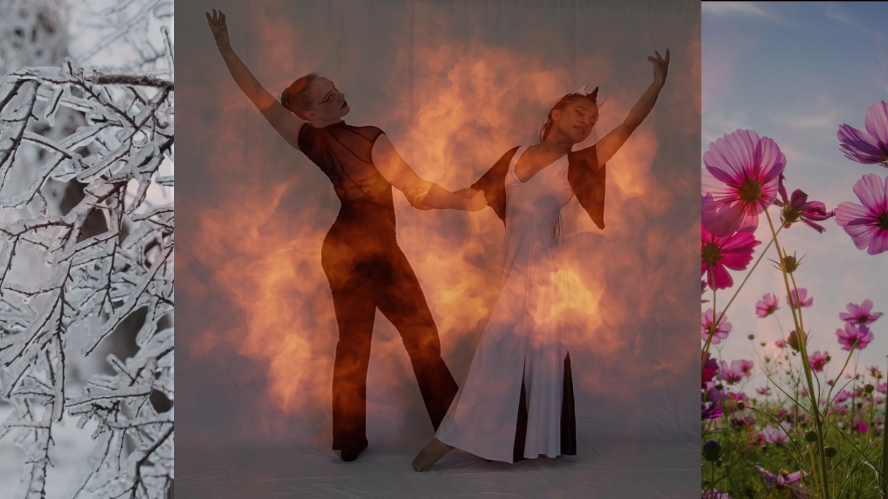 Two dancers one dressed in black other in white, framed with fire. An icy tree branch on the left and a meadow of wildflowers on the right.