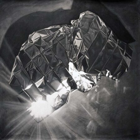 Charcoal drawing of a scrunched up Mylar space blanket. 