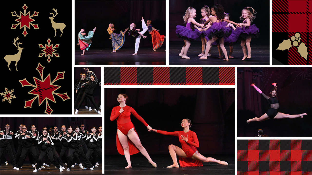 Collage of photos of dancers in holiday outfits and holiday graphics.