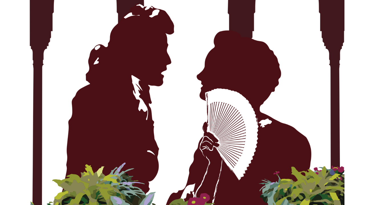 Two silhouettes talking, one holding a fan.