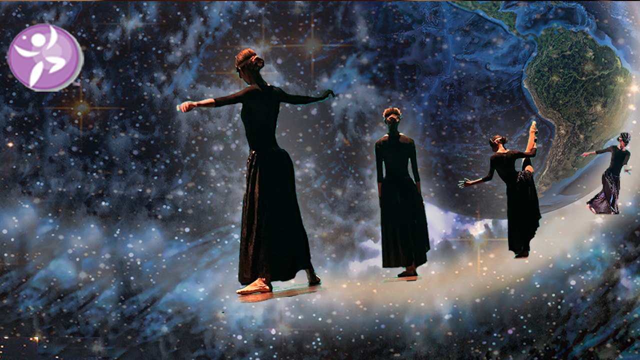 Digital collage of woman dancing in different poses with a space background