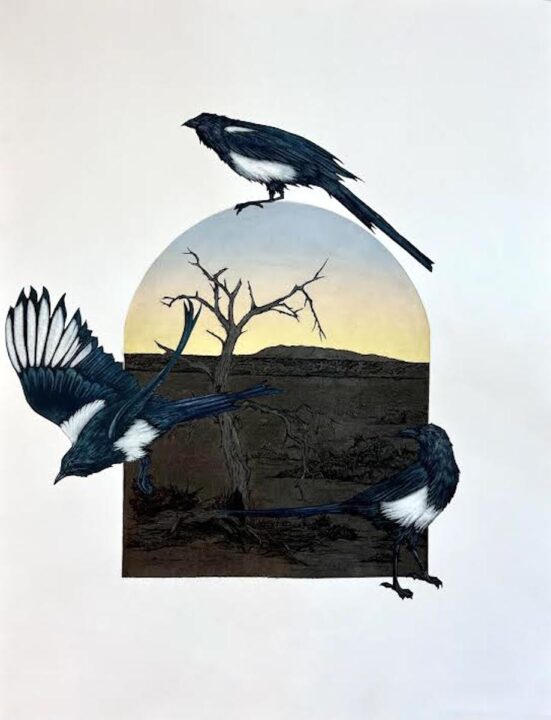 Intaglio print of magpies with a barren tree and colorful horizon