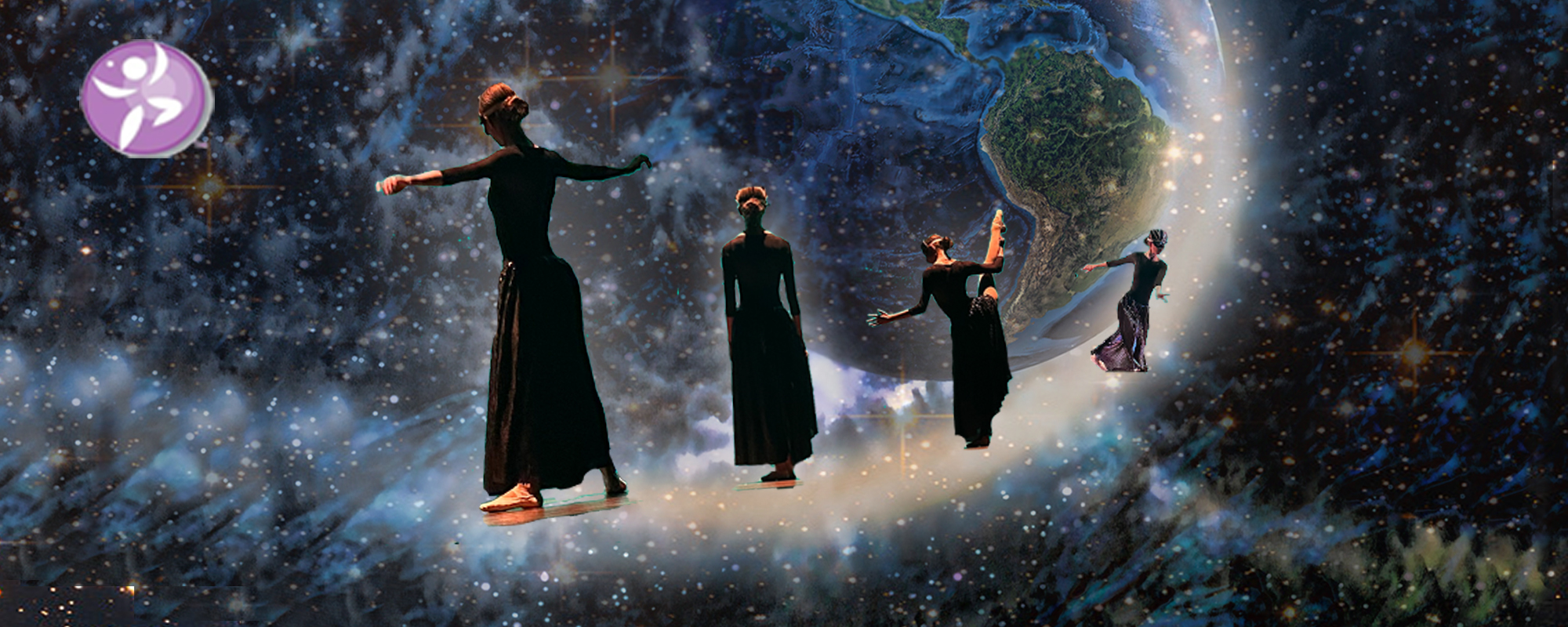 Visual arts collage with human dancing in space with earth in distance.
