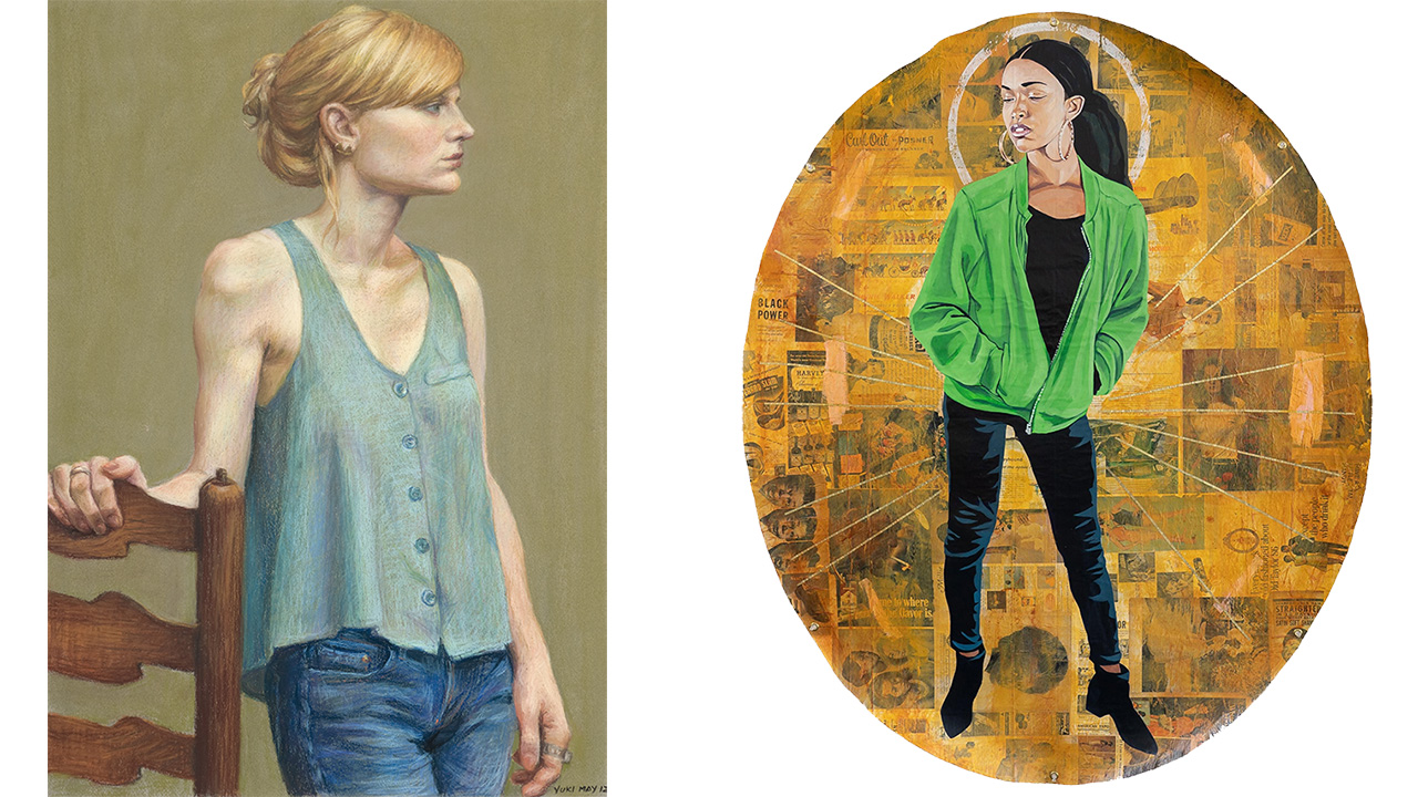 A pastel portrait of a woman in a green tank top and blue jeans holding a chair and a painted portrait of a woman in black wearing a green jacket with a gold background.