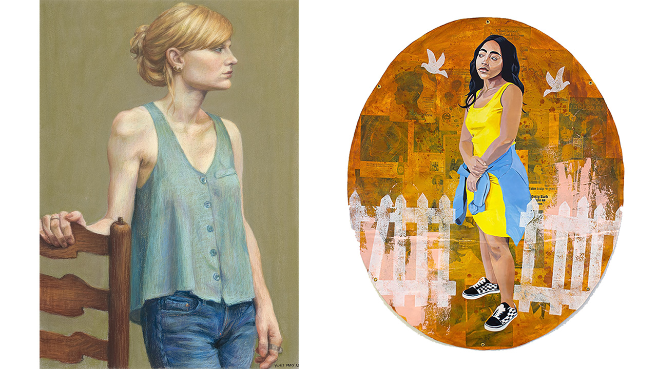 Artwork from the exhibit. Left to Right: a pastel portrait of a woman in a green tank top and blue jeans holding a chair and a painted portrait of a woman in a yellow dress with a blue jacket tied around her waist with a white fence and birds and a gold background.