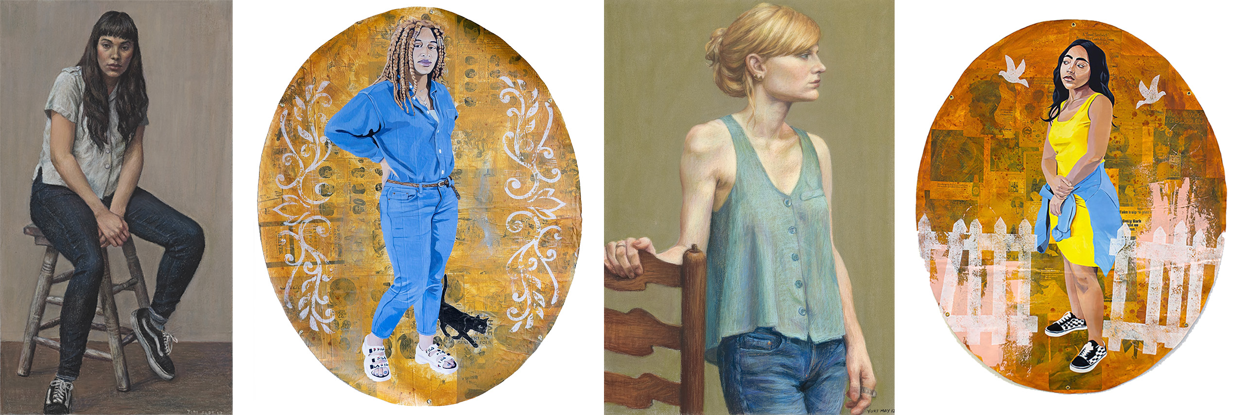 Artwork from the exhibit. Left to Right: A pastel portrait of a woman with long dark hair in a light top and dark jeans sitting on a stool, a painted portrait of a woman in a blue jumpsuit with a gold background, a pastel portrait of a woman in a green tank top and blue jeans holding a chair and a painted portrait of a woman in a yellow dress with a blue jacket around her waist with a gold background.