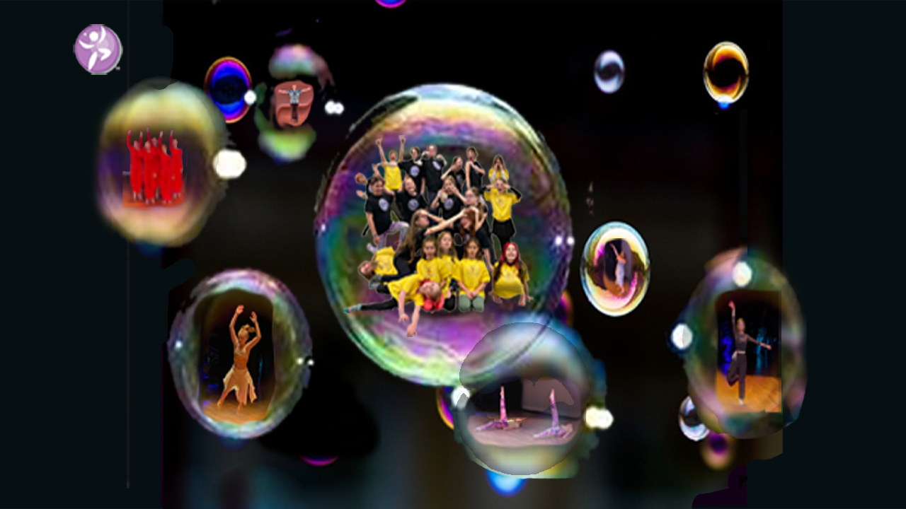 Black background with bubbles floating around with pictures of dancers in each bubble.