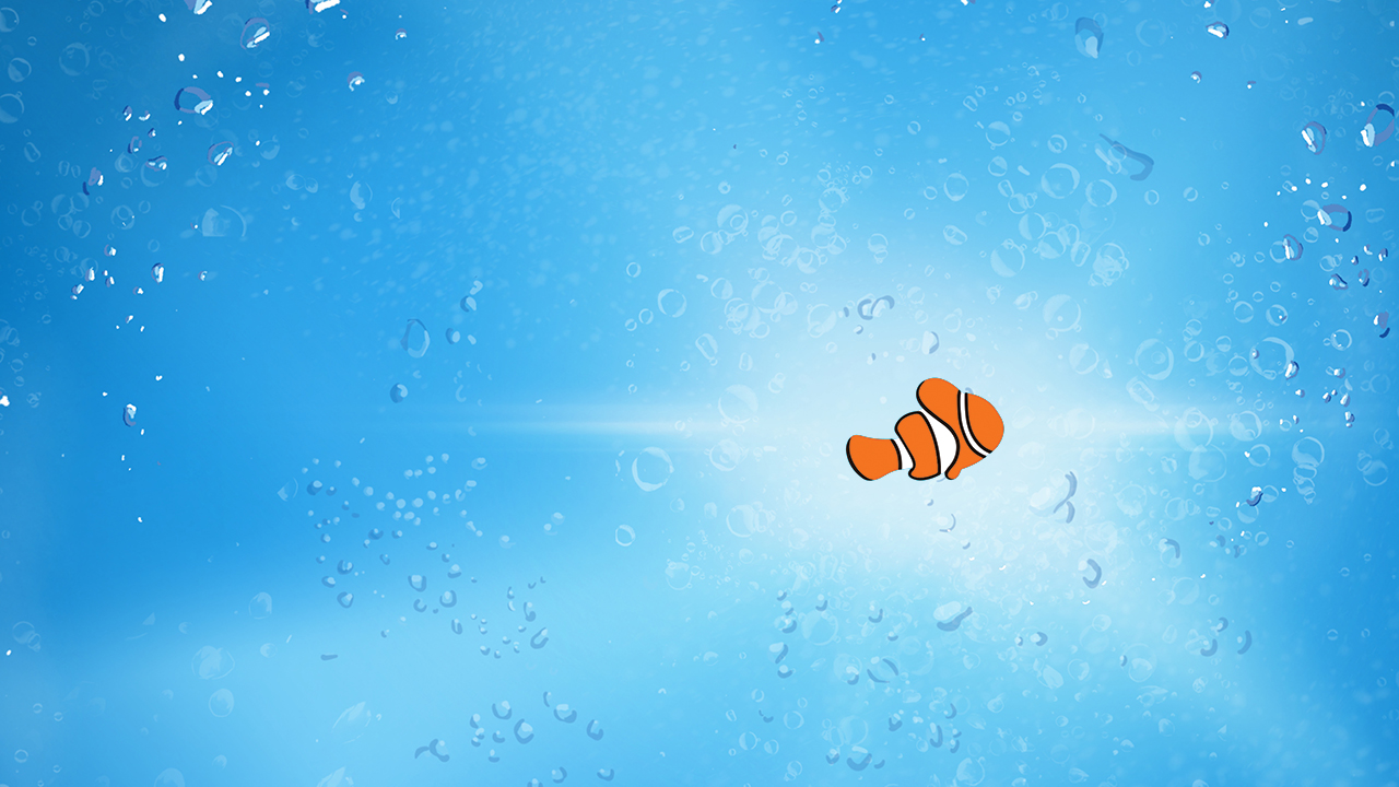 Under the great blue sea with bubbles encircling a light burst with a single orange clownfish.